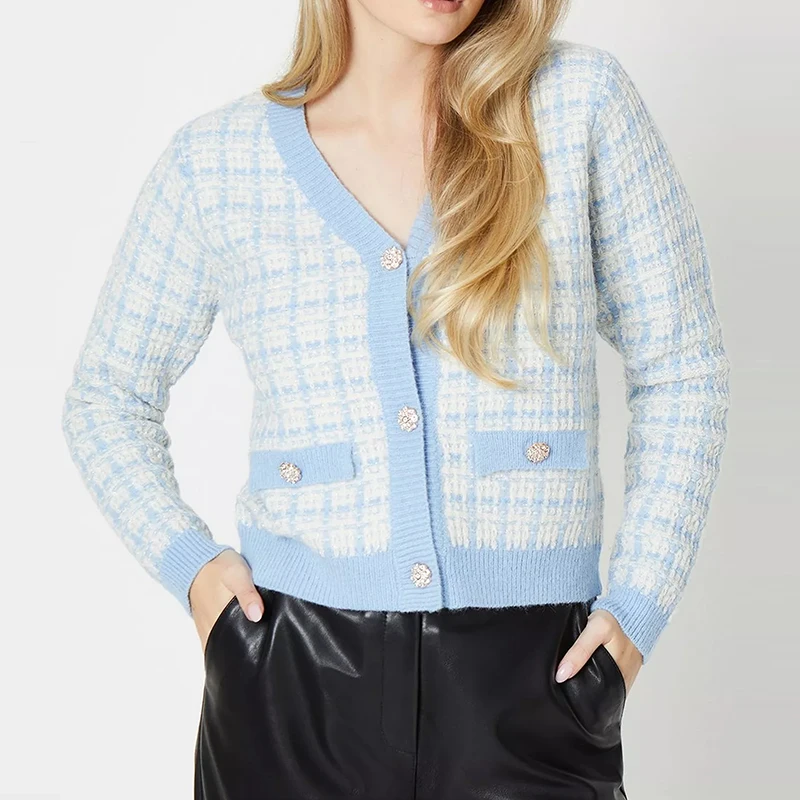 Manufacturers custom small fragrant wind girl sweater Korean commuter girl knitwear Tipped metallic boucle style girl cardigan