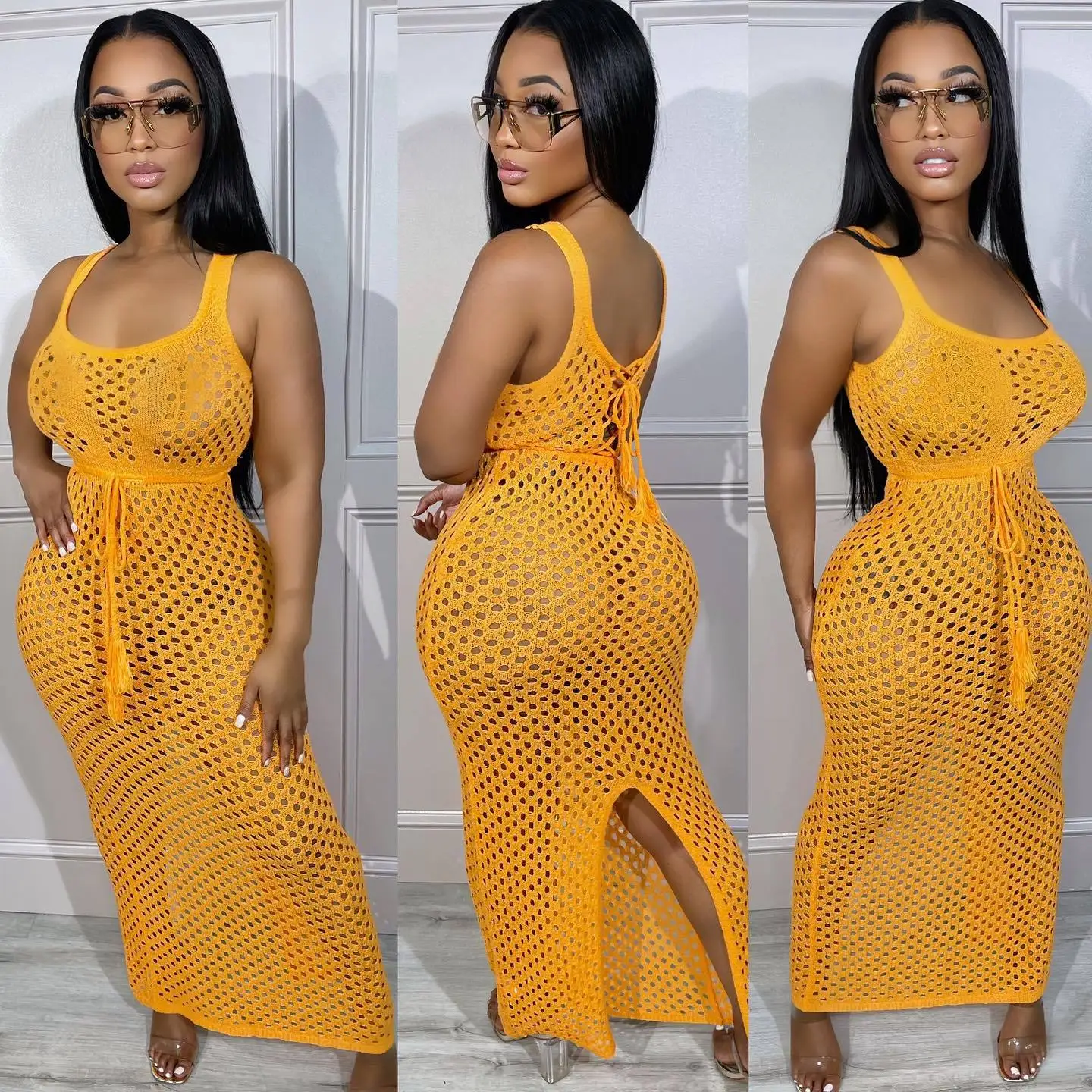 GX3336 Boutique summer sexy bodycon casual long slit dress sleeveless sexy see through hollow beach dresses