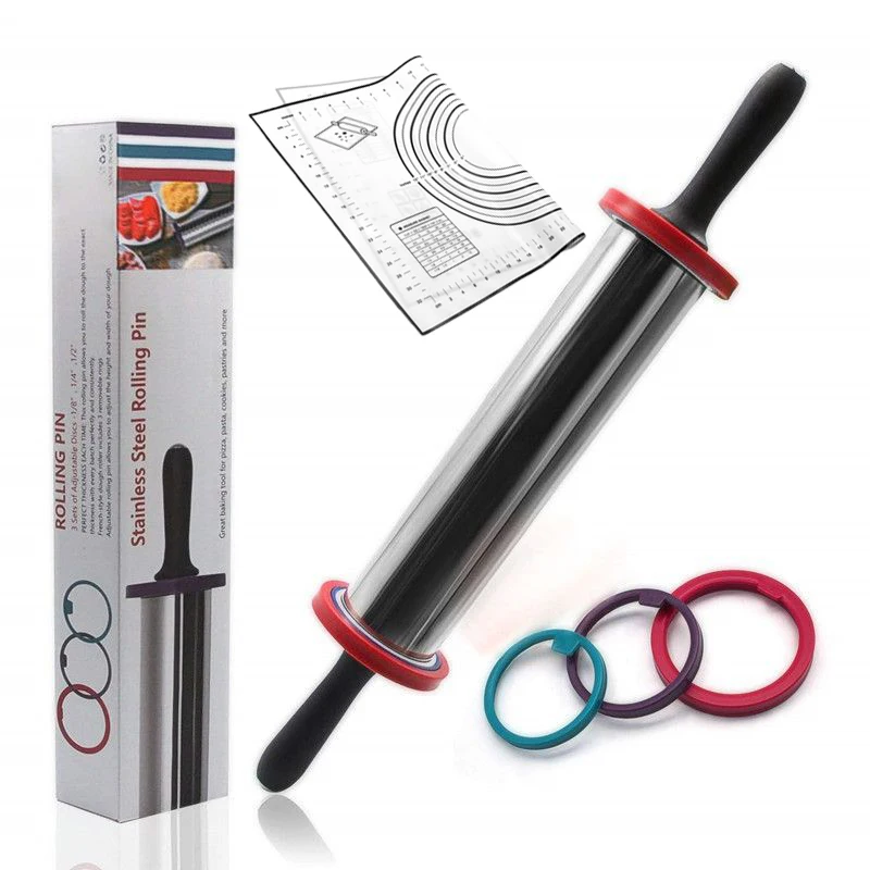 Оптовая продажа антипригарный силиконовый коврик для выпечки из нержавеющей стали роликовый кухонный Регулируемый скалочный штифт
