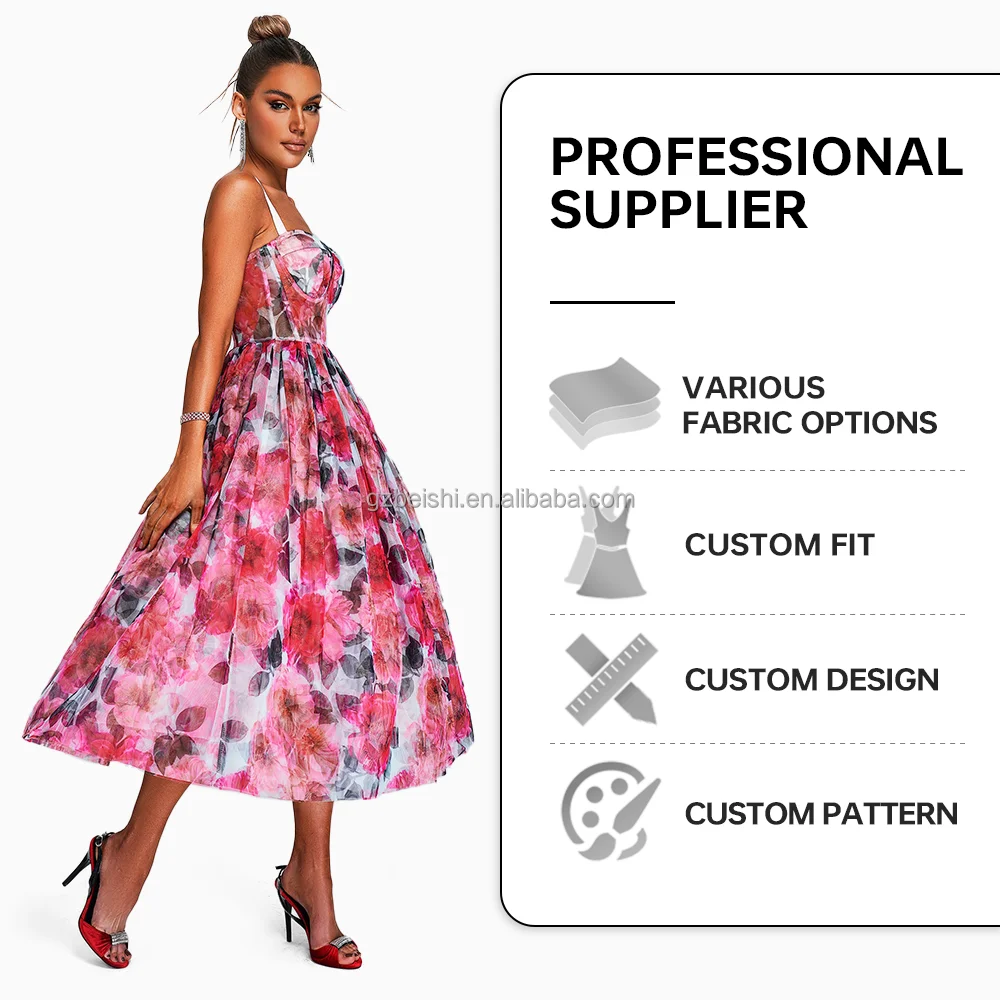 BEISHI New Arrival Women Polyester Casual Summer Loose A Line Floral Chiffon Midi Dress Corset