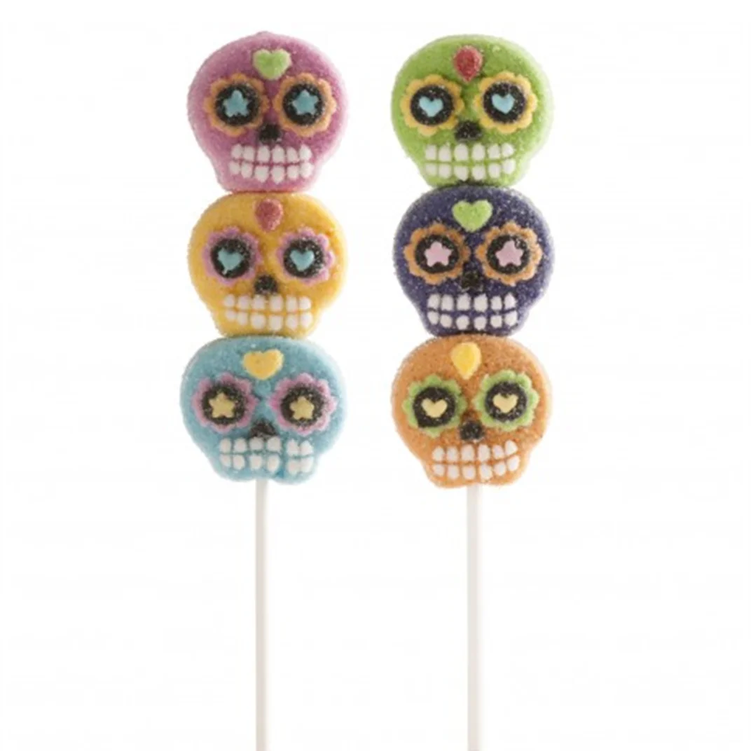 private label high quality handmade Halloween colored skull marshmallow candy kabob lollipops