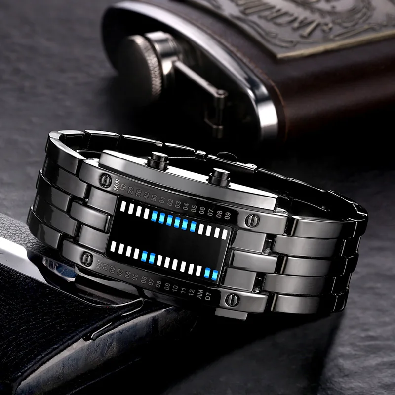 Fashion Creative Sport Watch Men Stainless Steel Strap LED Display Watches Binary Digital Watch reloj hombre