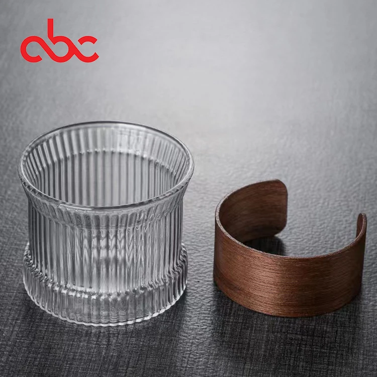 Factory Wholesale Wooden Ring Heat Insulation Hammer Pattern Vertical Pattern Glass Cup Coffee Milk Cup