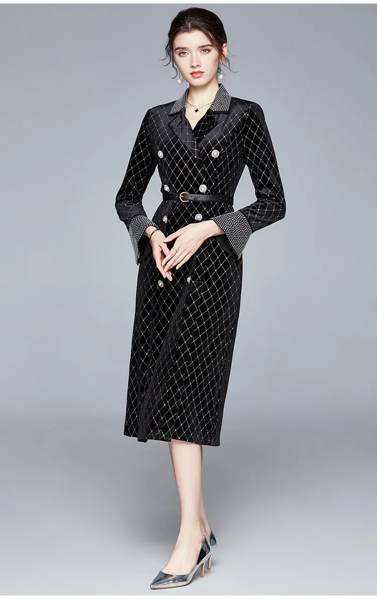 Spot New Products Elegant Casual Wear Temperament Fashion Retro Double-breasted Copper Button Plaid Windbreaker Jacket