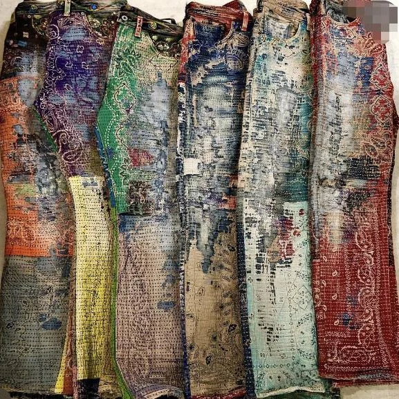 AIPA Denim manufacturer Custom Bandanna Paisley pattern patch Men Jean Pants Stacked Flared fit Jean