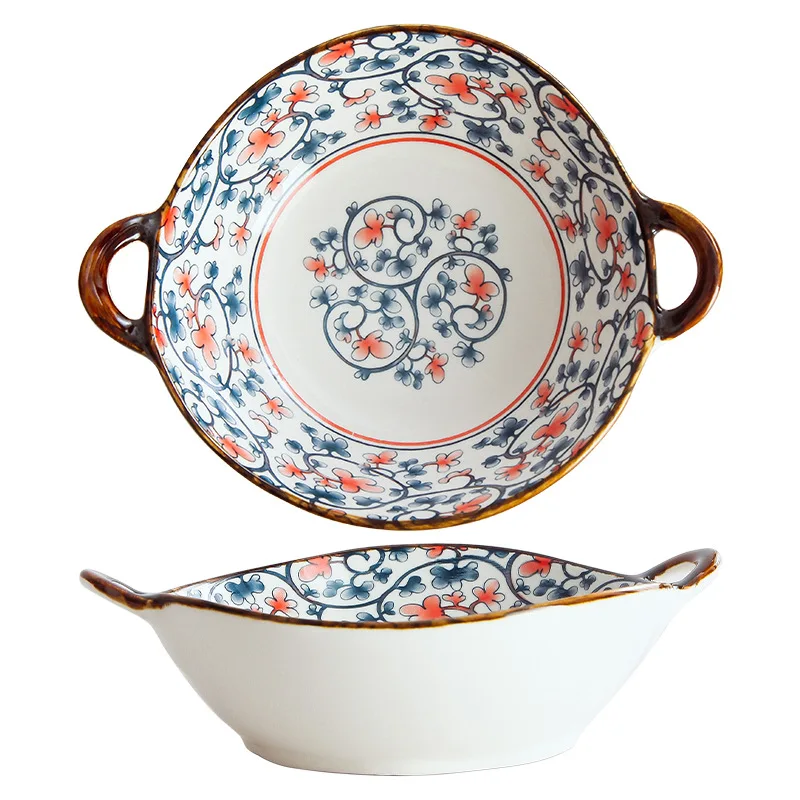 Japanese Style irregular flower new design ceramic soup bowl with two ears Salad Bowl with household handle