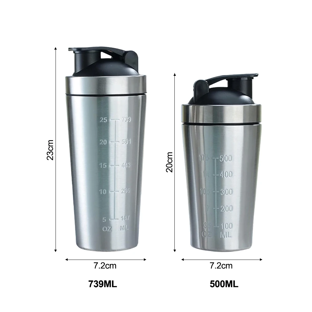 Custom High Quality bpa free 739ml / 500ml Gym Metal Protein Shaker Cup Stainless Steel Shaker Bottle