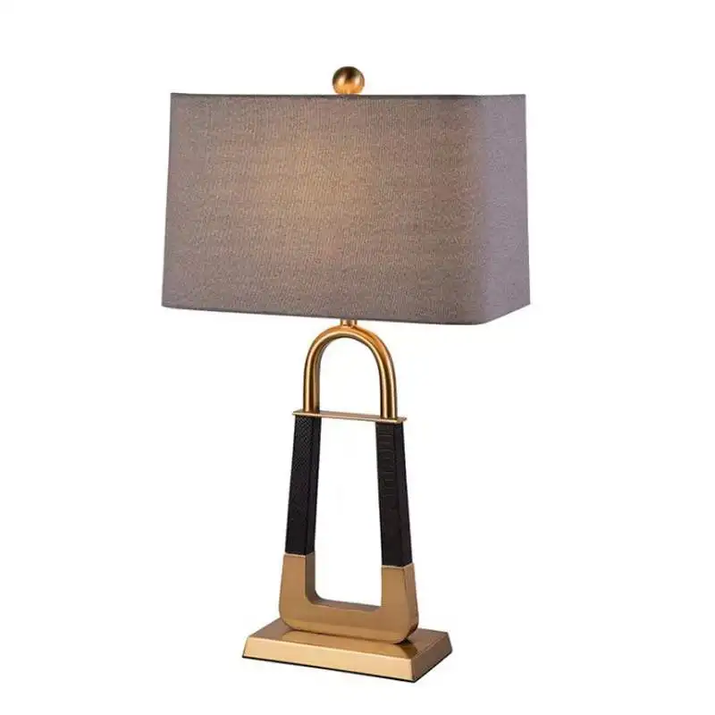 Retro style Hotel table lamp Brass metal leather lamp body classic desk lamp with fabric light cover