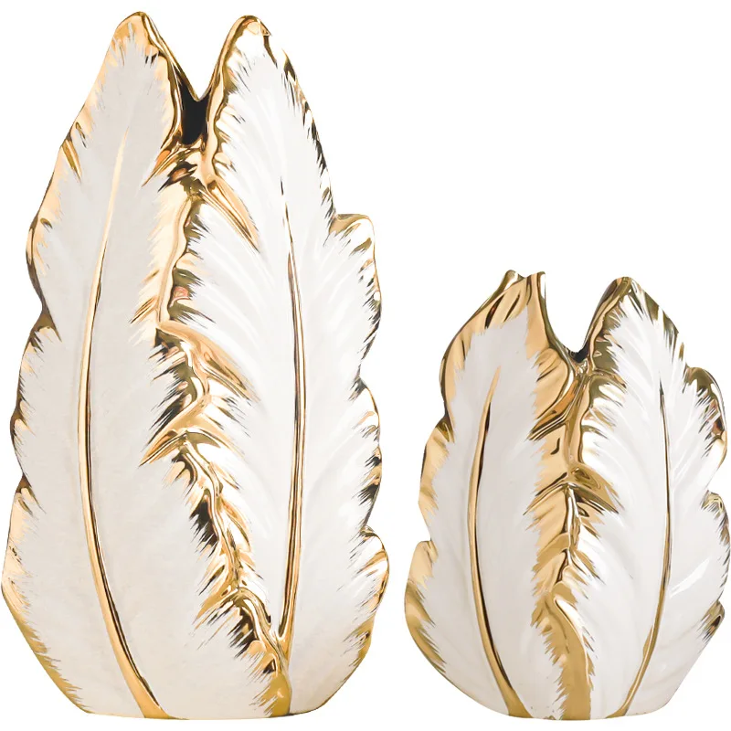 Electroplate Gold And Silver Banana Leaf Ceramic Vase Luxury Desktop Decoration Porcelain Vase