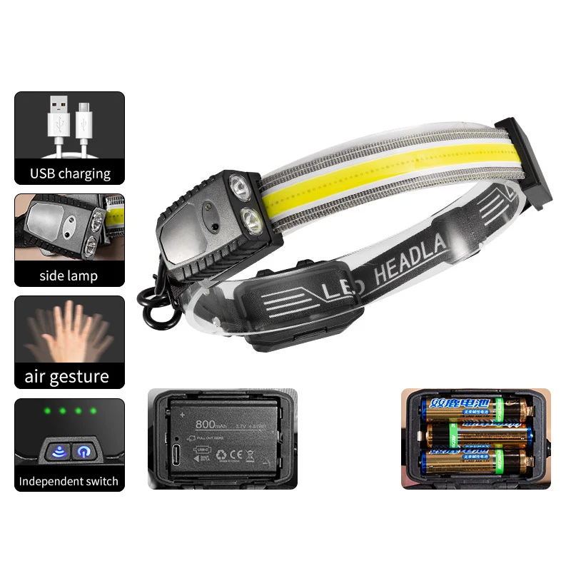OEM Removable battery multifunction headlight Wave Sensing Led + Cob Headlights Outdoor Riding Lights