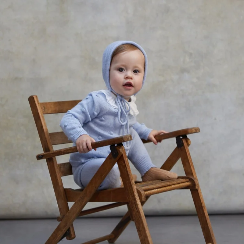 Light Blue Baby Set for Girls Cotton Knitted Infant Girls Sets Fashion Knitwear Newborn Boy Clothes Knitting Brand Clothing 2024