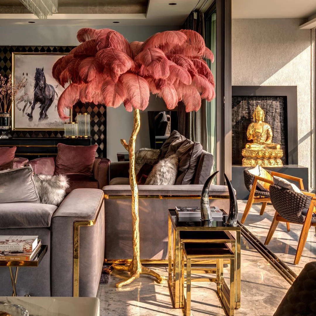 Modern Nordic Luxury Gold Tree Floor Standing Lamps 67inch 45 Feathers 15W Ostrich Feather Brass Floor Lamp for Decor Luminaria