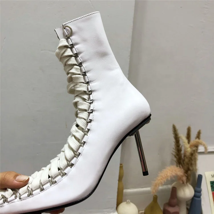 Top Selling Pointed-toe Stiletto Heel Pumps Shoes Women Lace-up Side Zipper Open Back Black Ankle Boots Shoes for Cool Girl