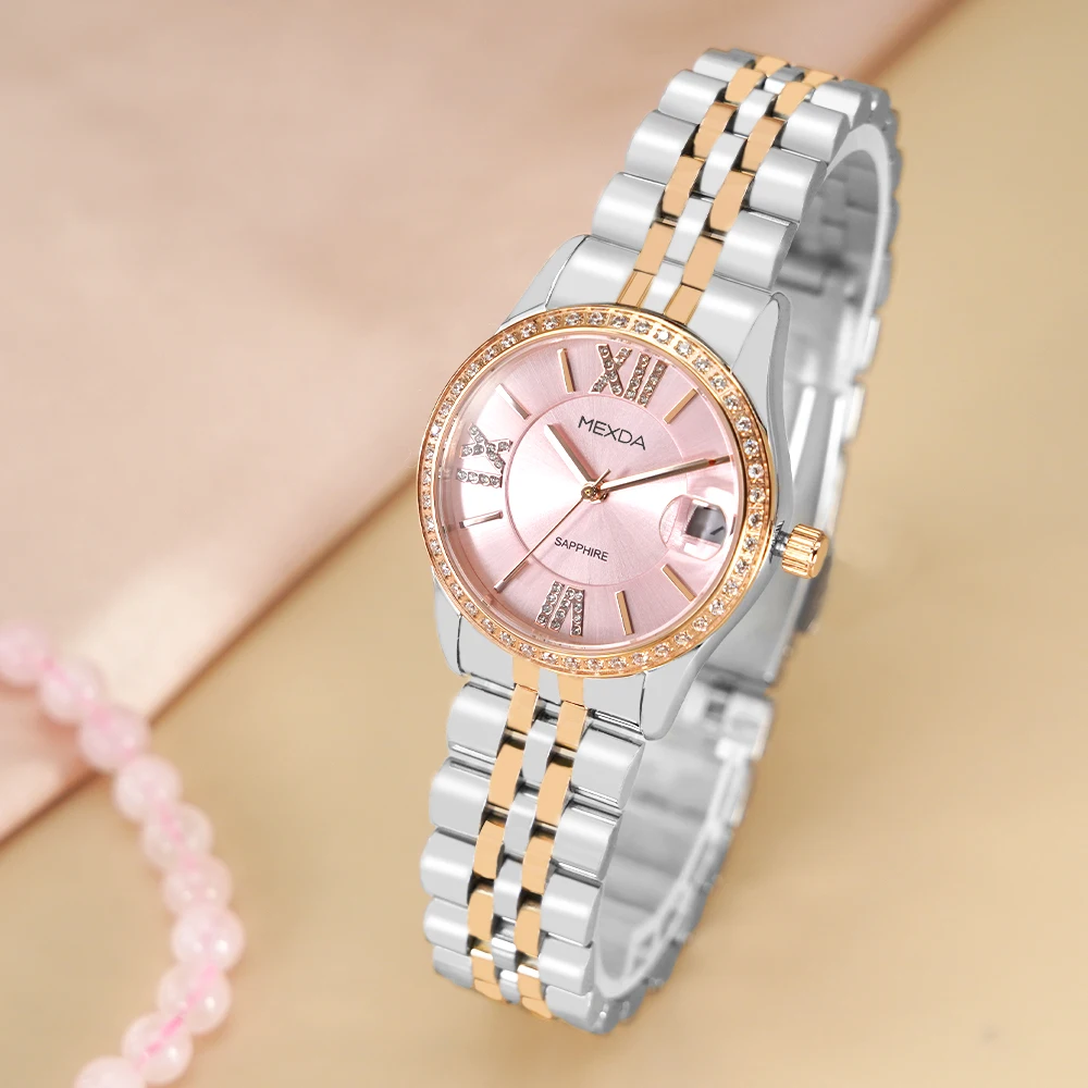 Mexda Customised Hot Selling Fashion Vintage Stainless Steel Quartz Roman No Watch for Women Diamond-Studded Bling Relojes