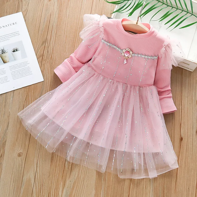 2023 New Fall/Winter Kids Girl Long Sleeved Casual Dress Fashion Ruffled Mesh Baby Princess Party Dress Set For 1-6 Years Old