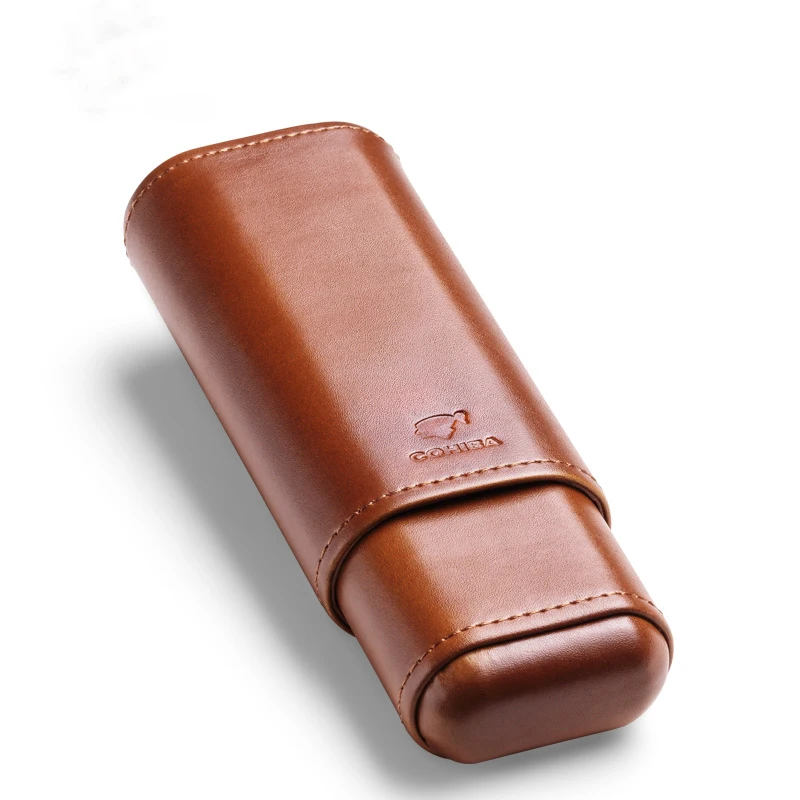 Brown Black Leather Portable travel Cigar Case with 2  Tubes of Cedar Wood