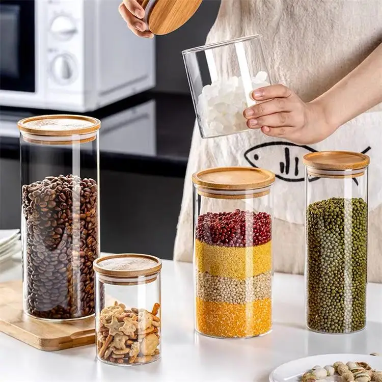 Borosilicate Glass Storage Jar With Bamboo Lid For Tube Shaped Glass Storage Jar For Glass Spice Jar With Wooden Lid