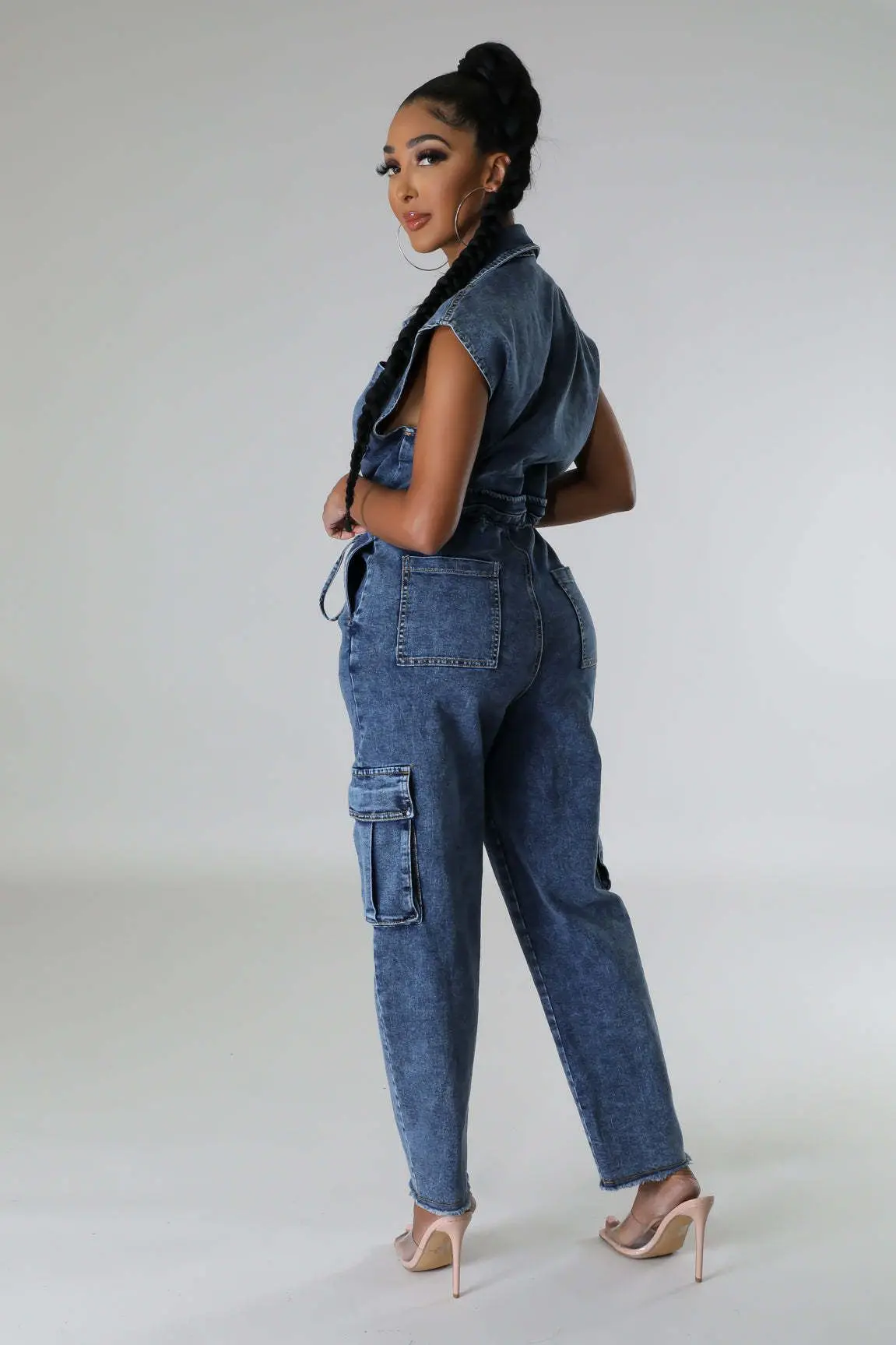 Trend Women Clothes Sexy Fashion Slim Short Sleeve Denim Jumpsuit