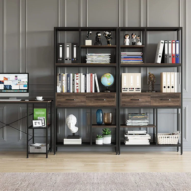 Vekin Furniture Tall Bookshelf Industrial Bookcase Wooden and Metal Frame Storage Shelves Bookrack with Drawers