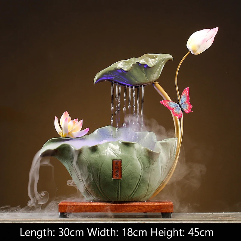 Lotus Shaped Ceramic Water Fountain with Smoke Home Office Desktop Small Waterfall Fountain with Incense Burner Light