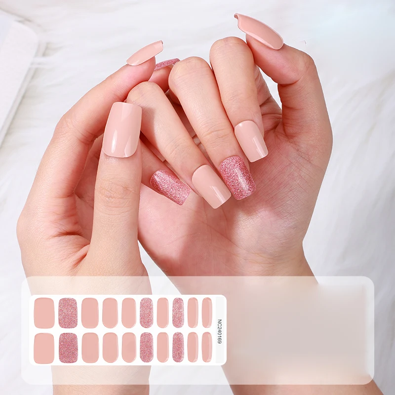 20Tips Jelly Pink Fluorescent UV Semi-Cured Gel Nail Patch Gradient Nude Adhesive Slider Long Lasting Nail Art Stickers