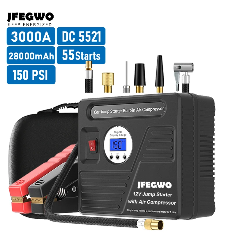 Portable Multifunctional 6 in 1 Car Jump Starter Power Bank Inflator Car Air Pump 150PSI Compressor 12V 3000A Lithium Battery