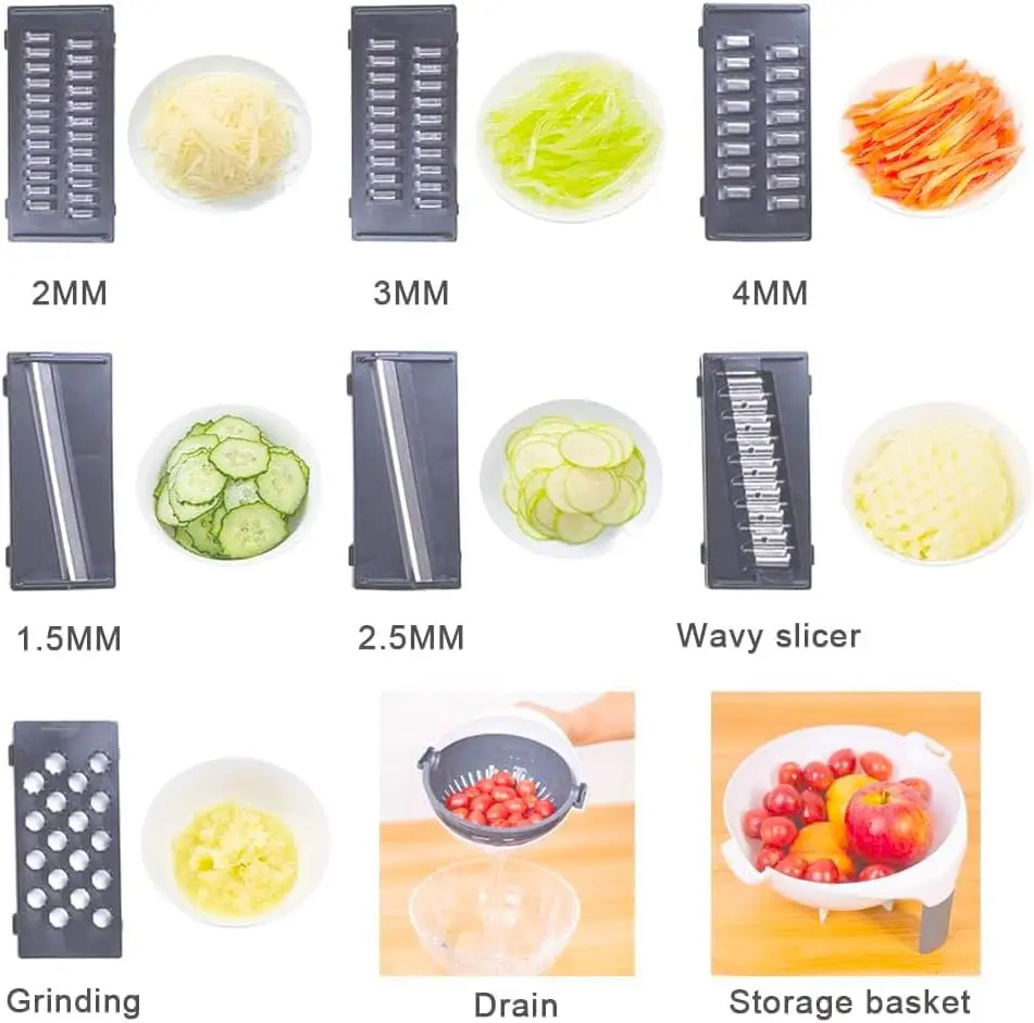 Multifunctional manual vegetable slicer 9 in 1 vegetable fruits cutter Kitchen chopper with Drain Basket
