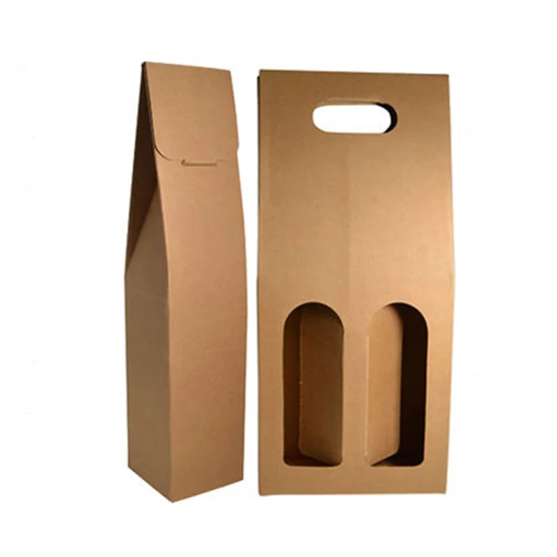 Eco-friendly custom logo design 1/2/3/4 pack wine carrier box brown kraft paper bottle holder for wine with handle