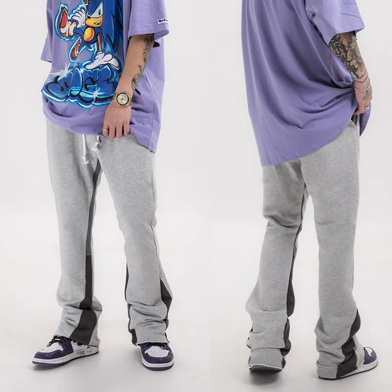 Hot Selling Casual Men Flared Jogger Pants Patchwork Graffiti Cotton Elastic Waistband Mens Stacked Pant