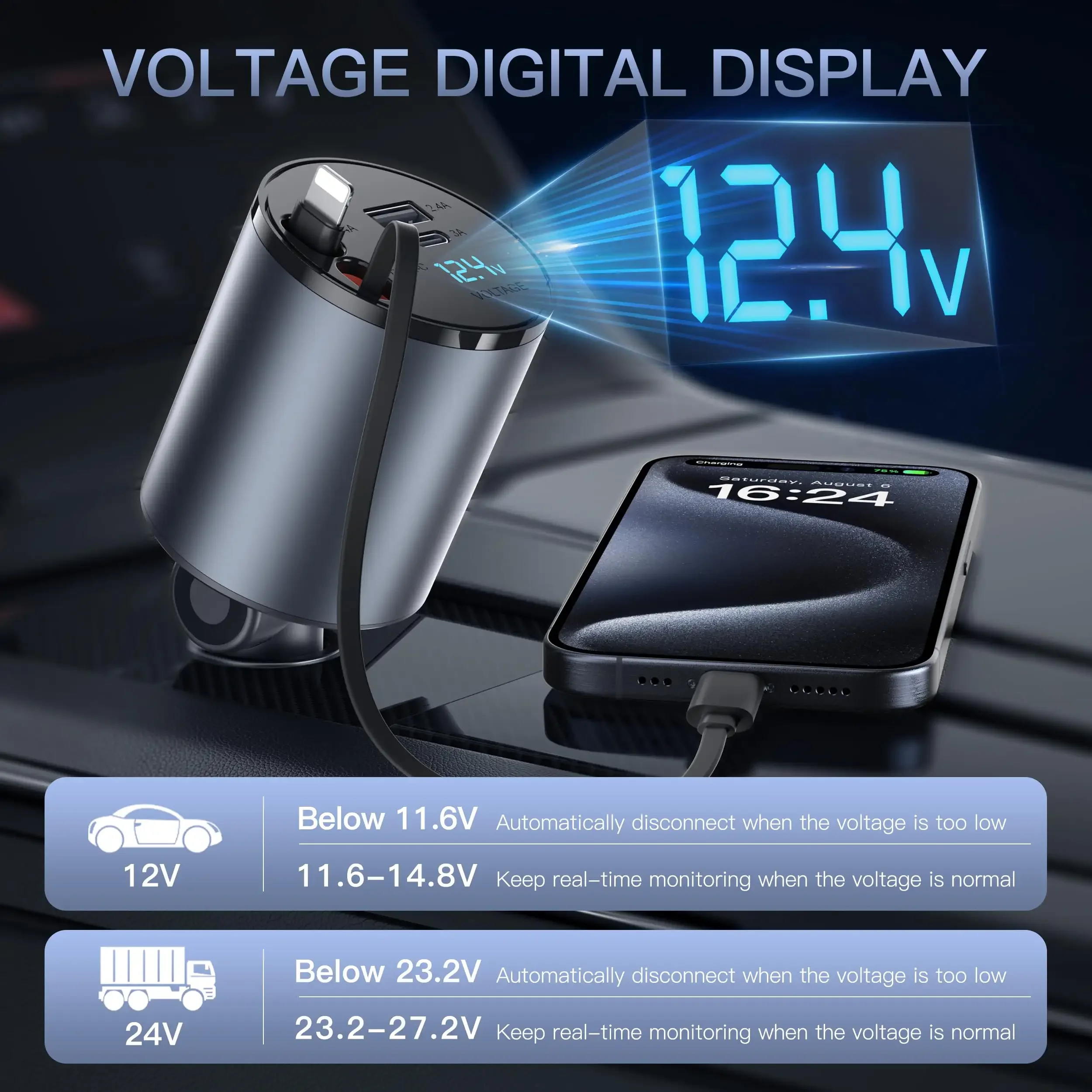 PSDA Multi Retractable Car Charger 4 in 1 Car Fast Charger 60W Retractable Cables (2.6FT) Type C Ports FOR iPhone 15 Samsung