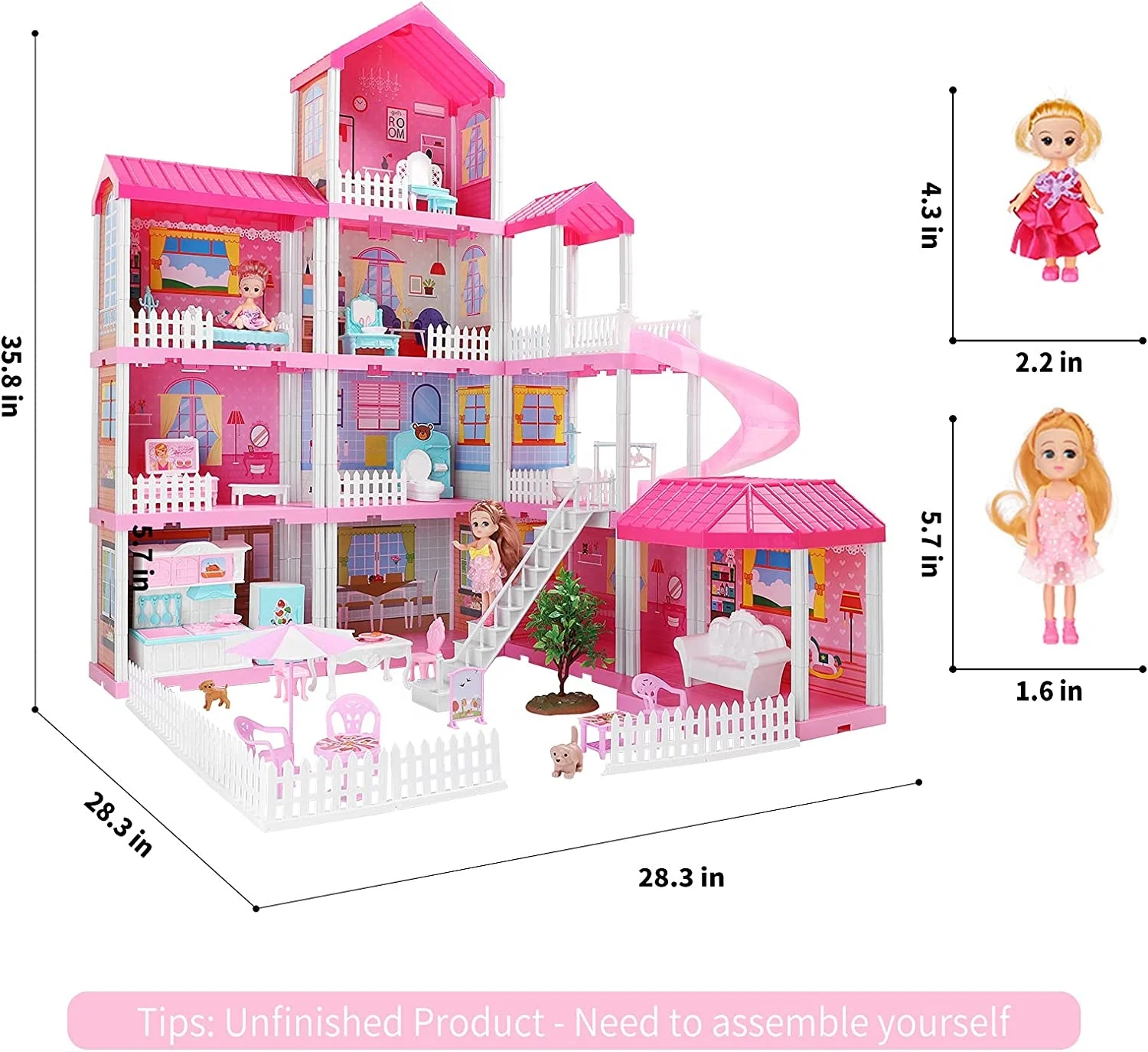 Gabbys Doll House Play House with Doll Toy Figures Furniture and Accessories, 4-Story 11 Rooms Toddler Doll house Gift for Kids