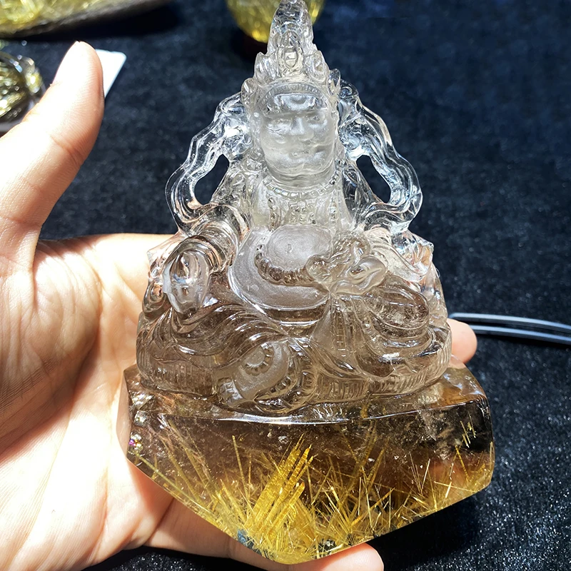natural Golden Hair Crystal Hand carving Buddhist statue crystal crafts Rutilated Quartz God of wealth statuary for decoration