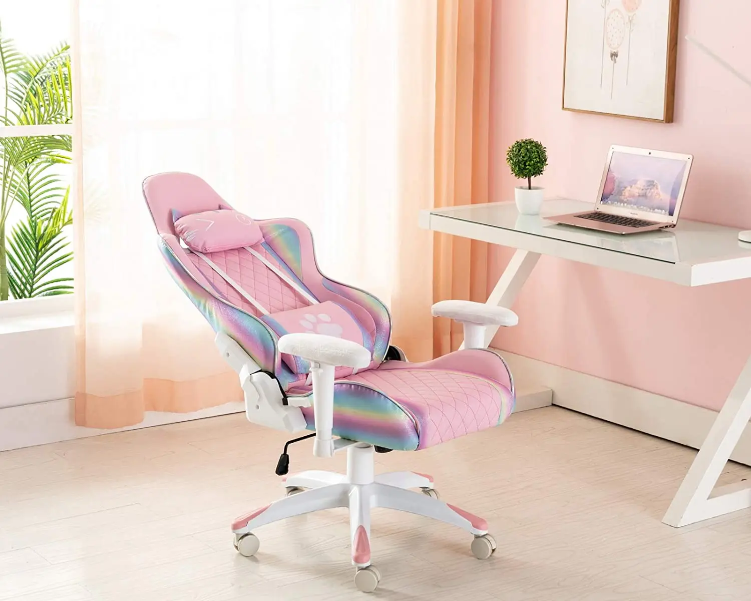 Modern gaming chair Pink cute chair with cat design headrest