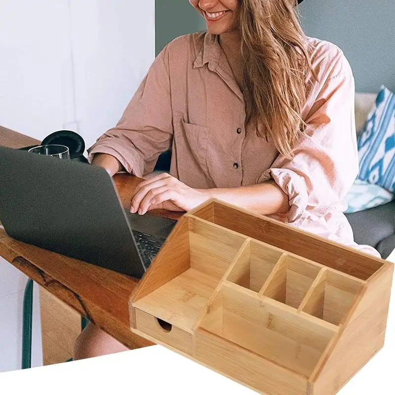 Bamboo Desktop Storage Box Natural Wooden Office Pen Holder Multifunction Stationery Splicing Pencil Cosmetic Desk Organizer