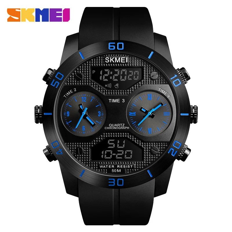 High quality 1355 outdoor multi time zone 5ATM waterproof swimming oversized 52MM dial skmei digital watch for men cool