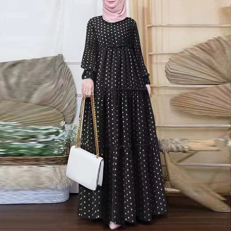 Malaysia Dubai Ramadan Party Ruffle Polka Dot Print Muslim Maxi Dress Casual Robe Islamic clothing dresses