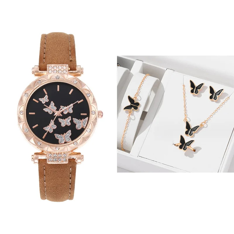Women Watch Jewelry Luxury Gift Set Fashion 5Pcs/Set Ring Earring Bracelet Necklace Butterfly Set Watches Designer Ladies