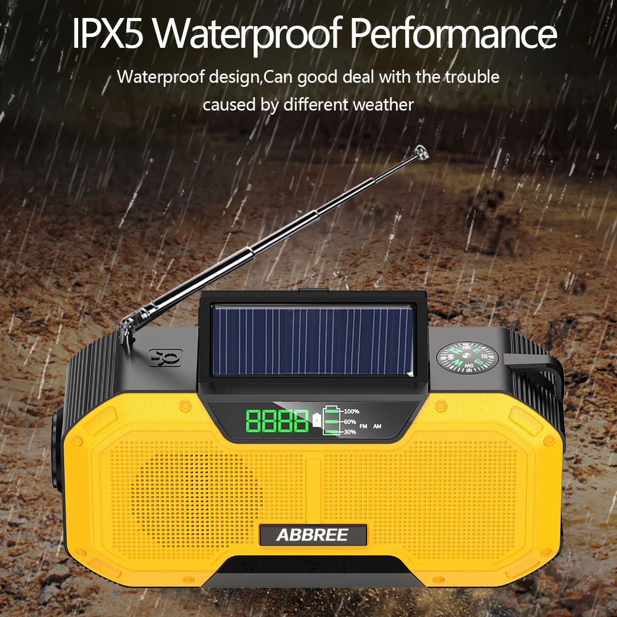 ABBREE Emergency Radio IPX5 Waterproof Auto Scan Solar Portable Radio with LED Flashlight Reading Lamp SOS Cell Phone Charger