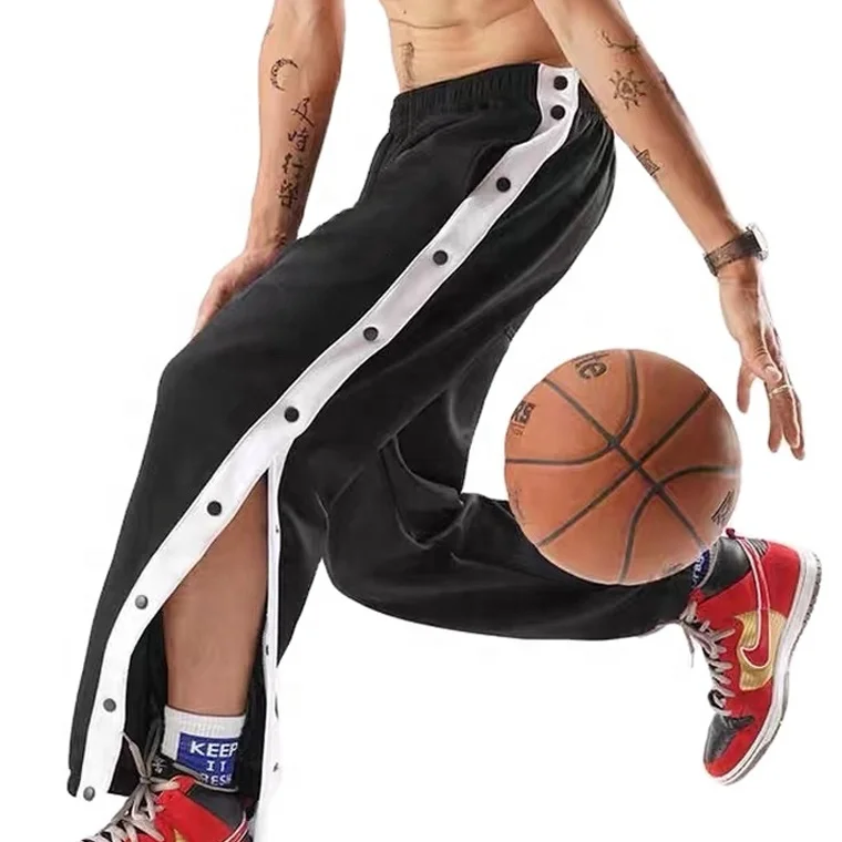 2021 Mid Waist Panel Jogger Basketball Pants Full Length Black Stripe Split Mens Street Hip Hop Side Buttons Close Sweatpants