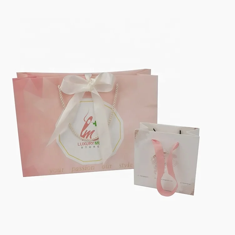 wholesale luxury pink cardboard wedding gift paper bags with handle gold ribbon