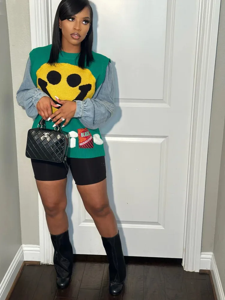 Z3250-autumn winter smile knitted top casual patchwork cute free size women sweater