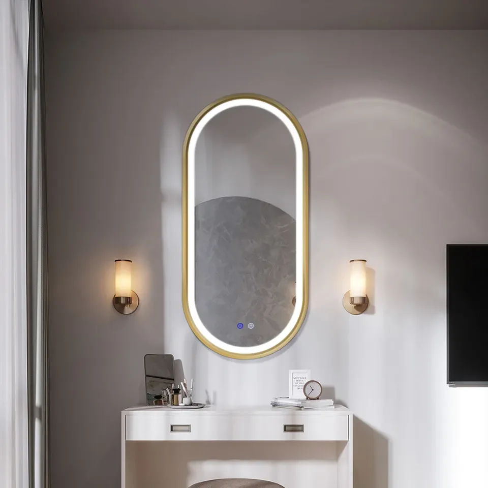 Decorative Led Vanity Wall Mirror Led Smart Metal Framed Bathroom Mirror Anti Fog Touch Screen Mirror For Hotel