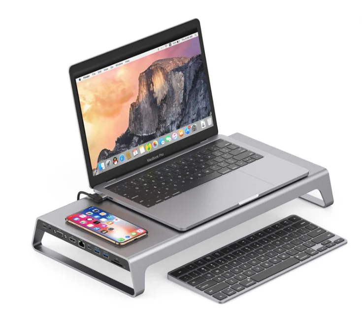 
HKK - Type C notebook stand with wireless charger + H D M I+ VGA +Lan +USB 3.0*2+Type C*2+SD+micro SD 