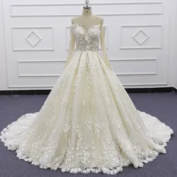Eslieb SJ105-2 real photo wholesale price champagne sweetheart long sleeve 3D flower lace wedding dress ball gown