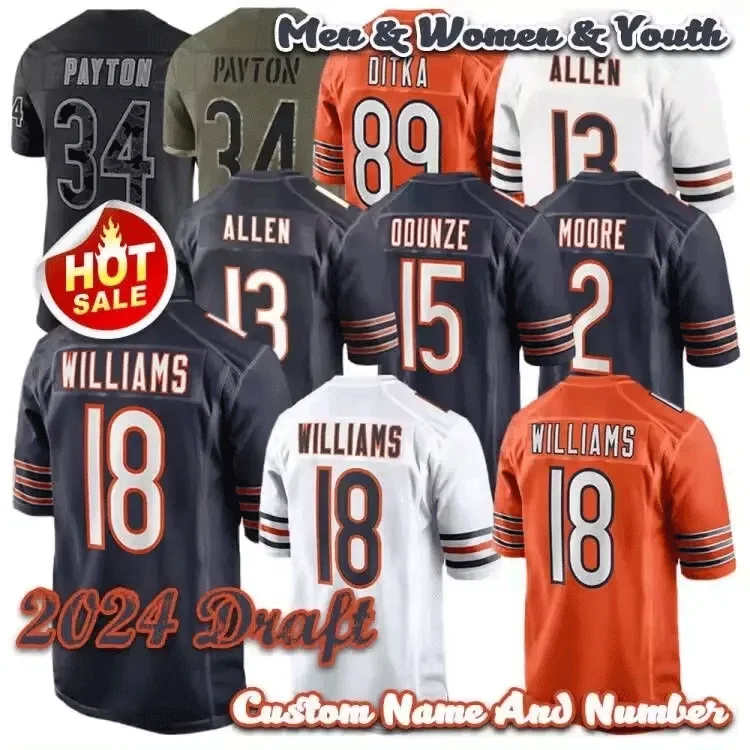 2024 25 новая команда 15 Rome Odunze 18 Caleb Williams 2 D.J. Moore 34 Walter Payton оптовая продажа сшитых футболок