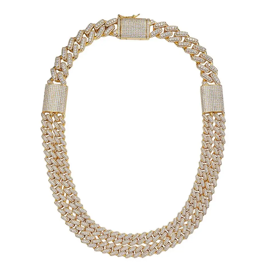 America Hip Hop 14K 18K Gold Plated Brass Full Diamond Micro Pave Two Row Cuban Thick  Miami Chunky Link Chain For Men