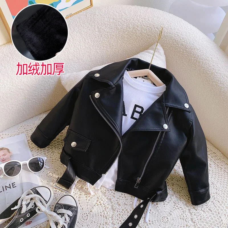 Kids Baby Princess Solid Full Sleeve Zipper Leather Top Jacket Children Fashion Girls Coat Outwear Buttons 2-8Y