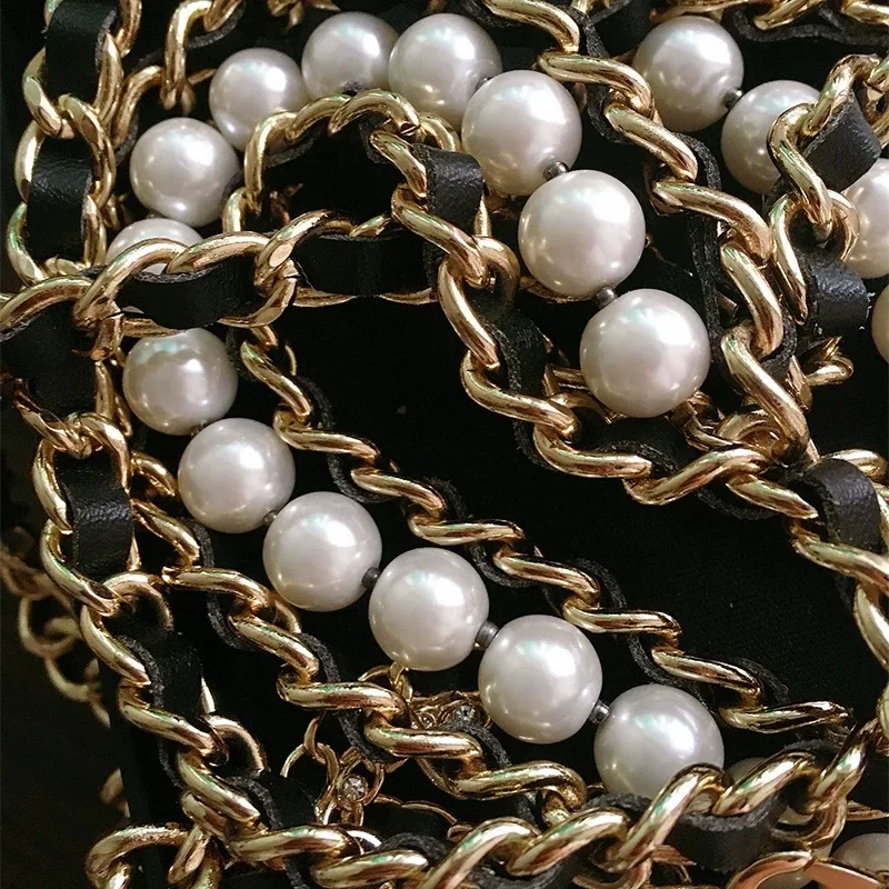 Black and gold alphabet waist chain imitation leather stringing rope pearl copper chain belt ladies dress accessory belt