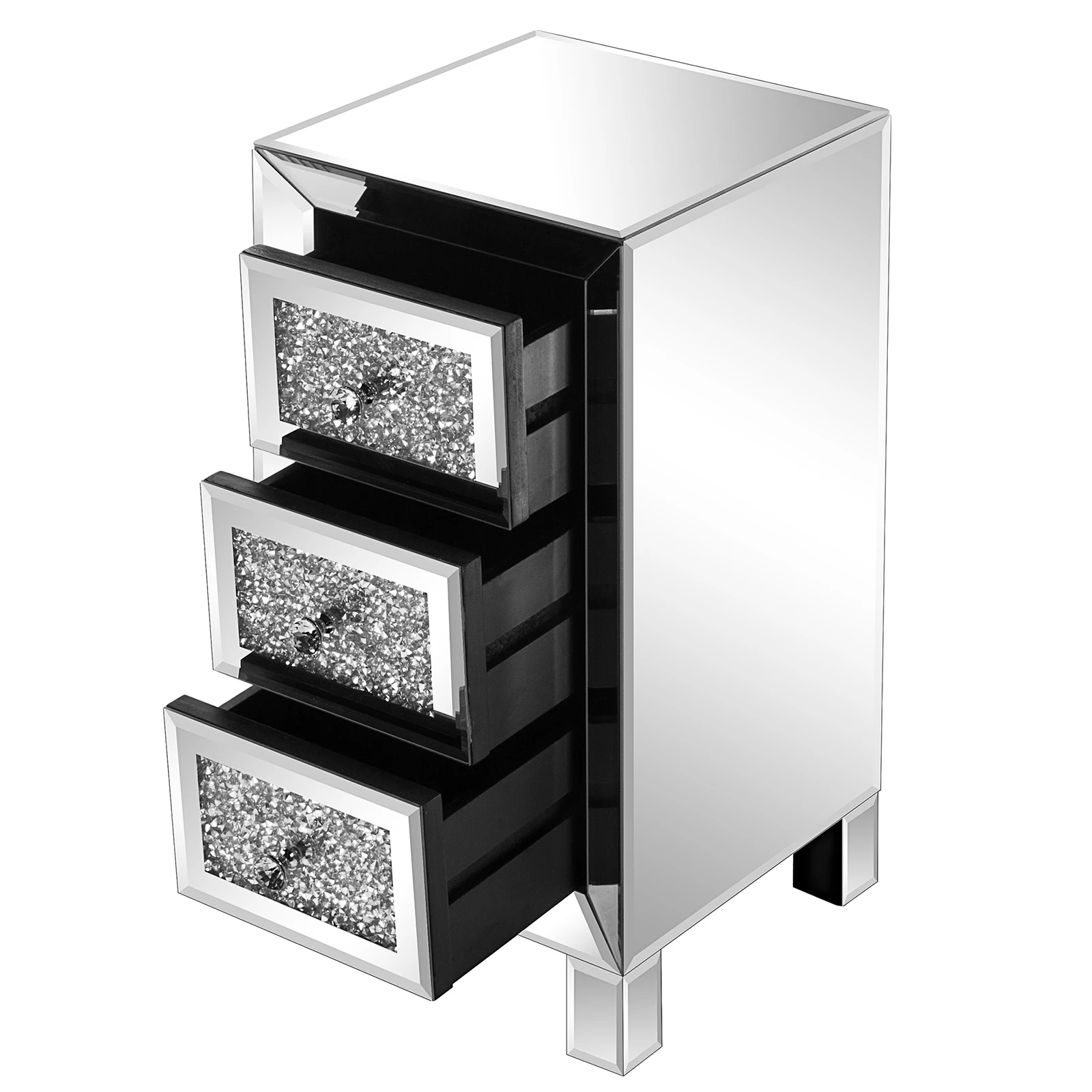 Bedroom Mirrored Furniture Contemporary Mirrored Nightstand with 3 Crystal Diamond Drawers for Bedroom Mirrored Bedside Table