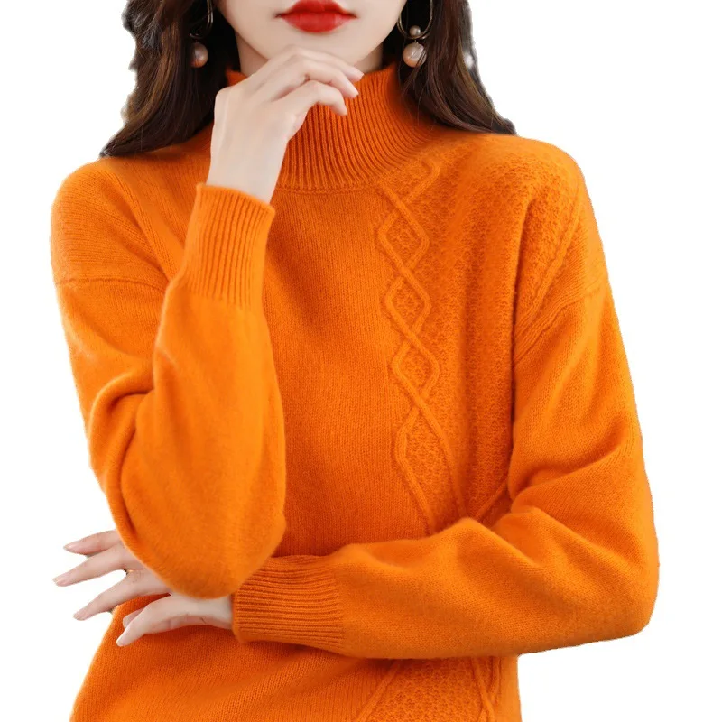 2024 Autumn new arrival fashion lady mock collar long sleeve cable knit free size women sweater